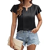 Blooming Jelly Womens Dressy Business Casual Blouse Pleated Ruffle Tops Key Hole Satin Silk Work Shirt Summer Outfits (Black,L)