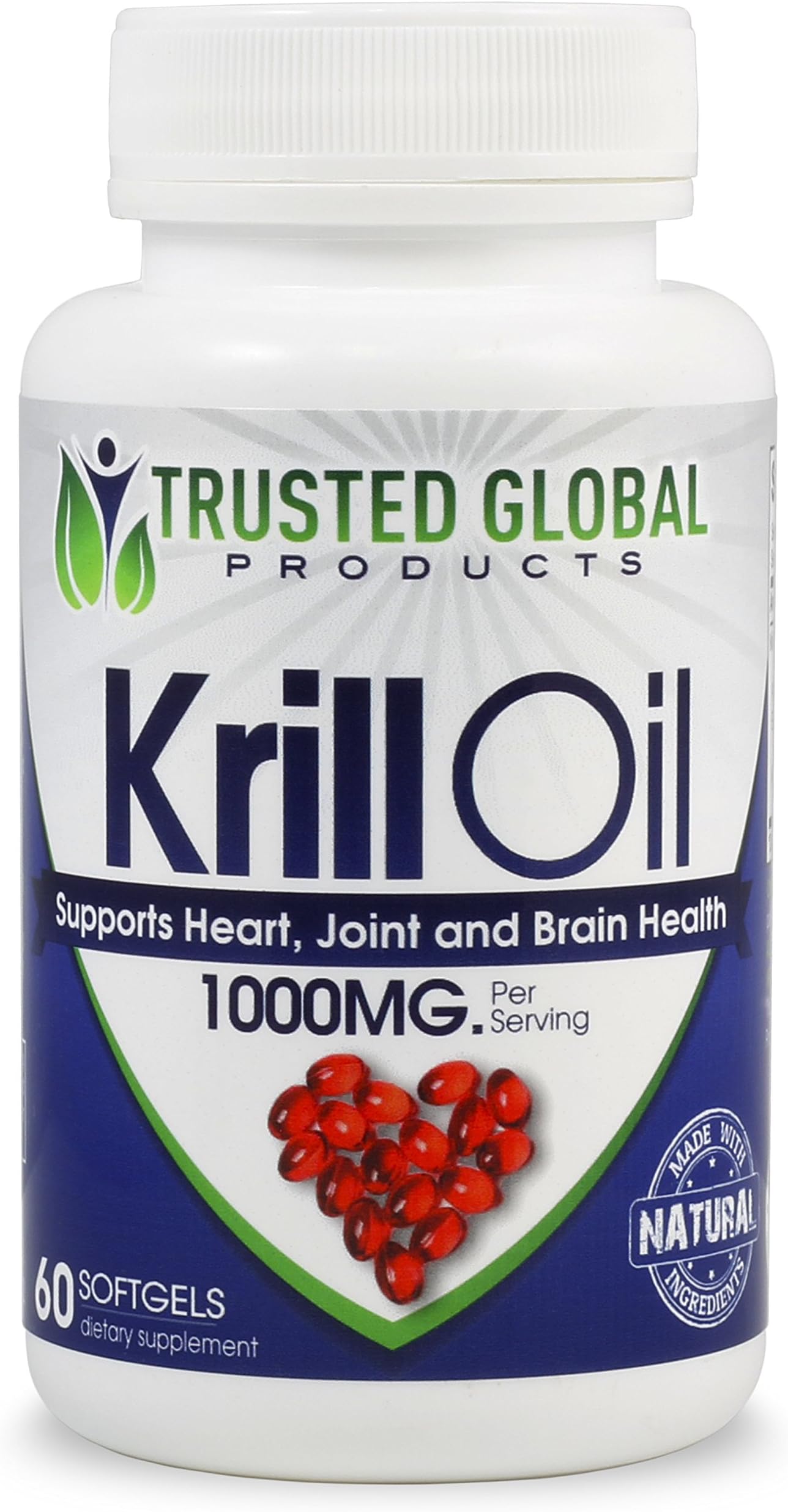Krill Oil 100% Pure Cold Pressed Antarctic Krill Oil by Trusted Global Products - 1000 mg per Serving - Omega 3, EPA, DHA & Astaxanthin - Optimal Brain Health, Memory, Focus, Joint & Cardiovascular