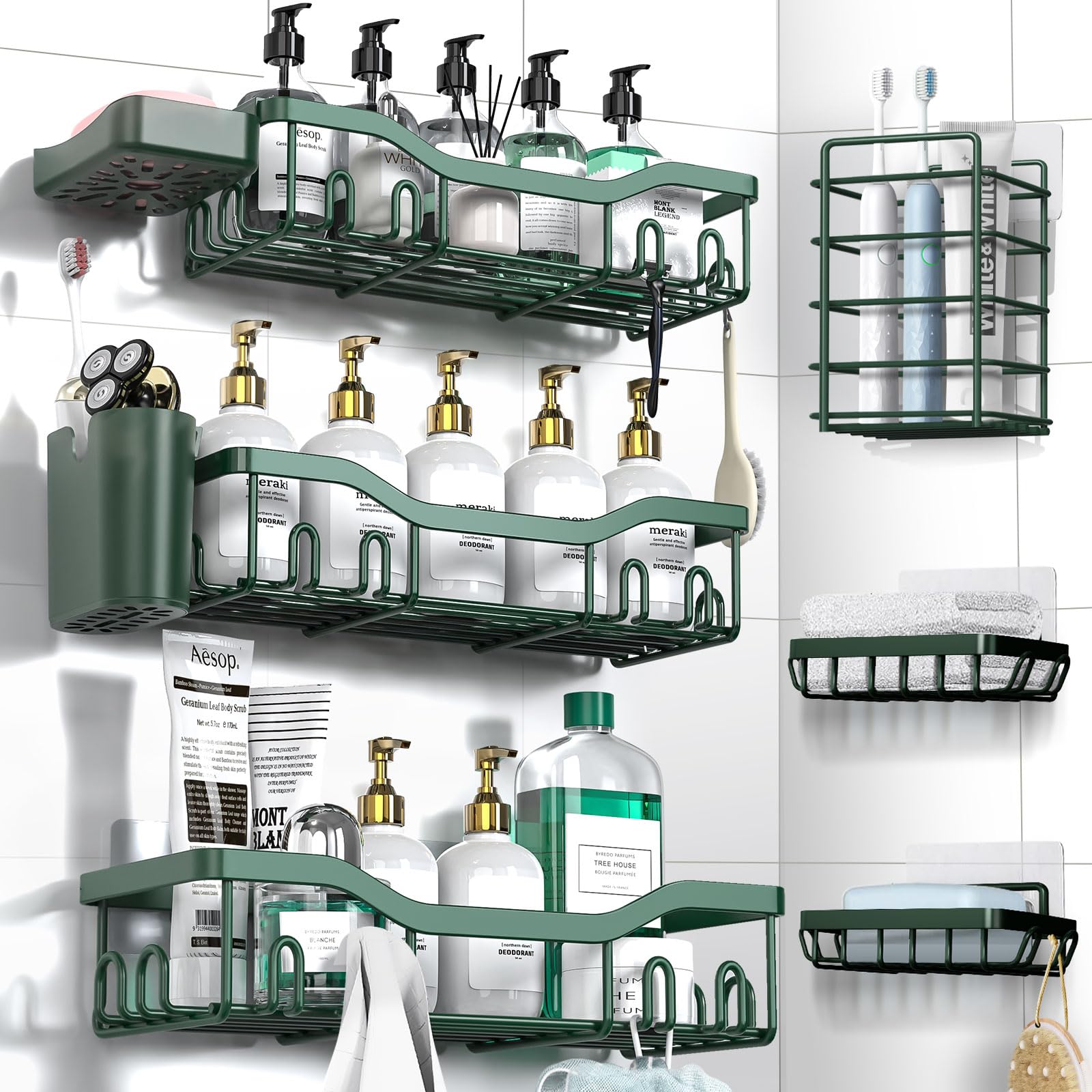 NESOMI Shower Caddy Adhesive Shower Organizer 8-Pack, Rustproof Stainless Steel Bathroom Shelves, Large Capacity No-Drill Rack Storage Accessories with Soap Dish Toothbrush Holder Hooks Image