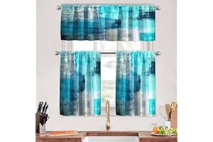 MCALK Turquoise Kitchen Curtains Tiers and Valances Set 3 Piece for Windows Grey Kitchen Window Curtains Set,Modern Abstract Art Valances for Living Room(36" Tiers Set)