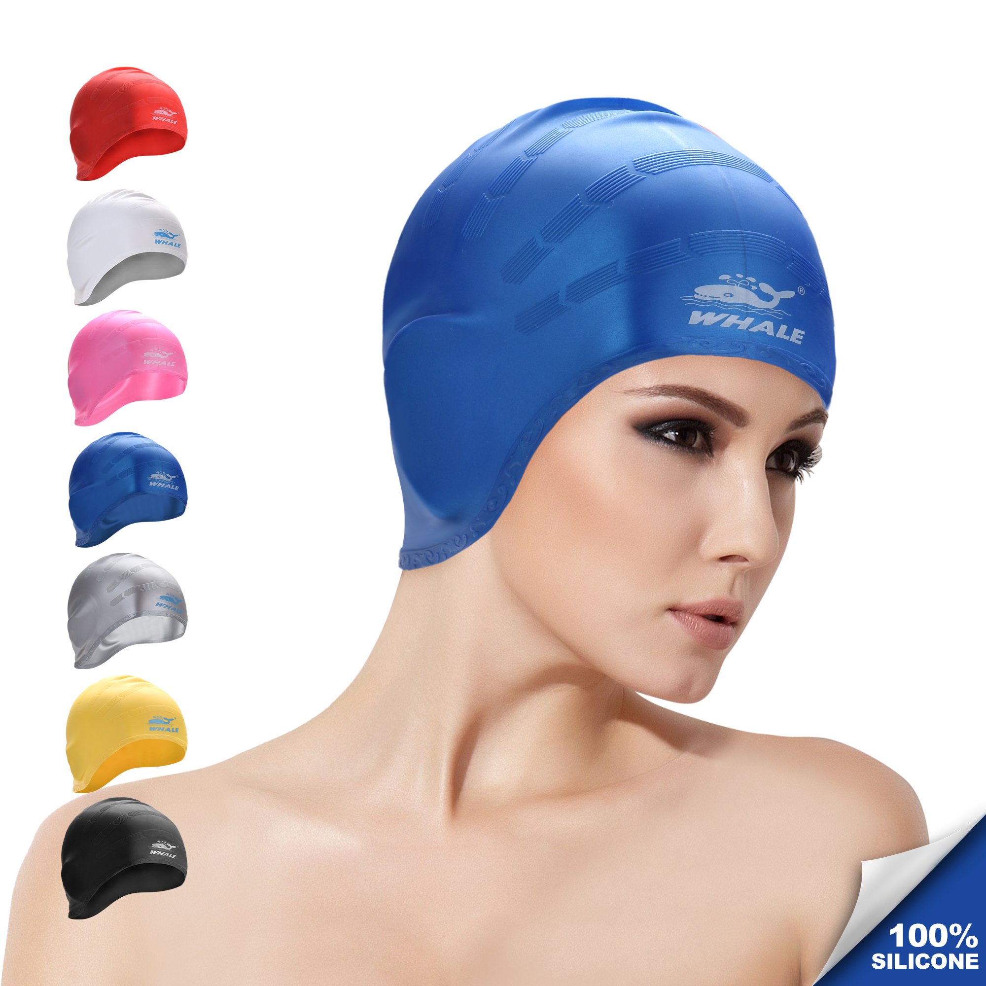 Cover Ears Swim Caps for Long Hair 100% Silicone Swimming Hat for Unisex Adult KIds Reduce Water Intake Makes Your Hair Clean(blue)