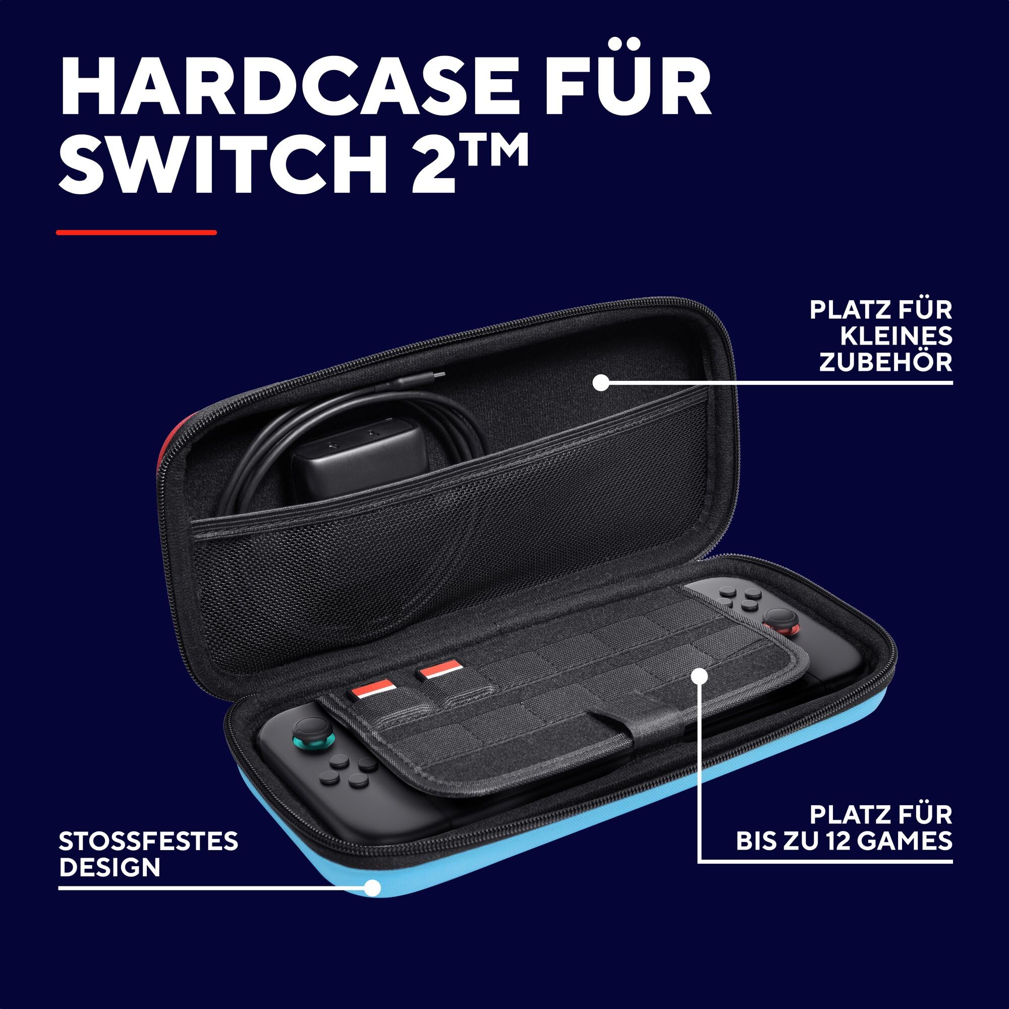 GXTrust 1251RB Tasche für Nintendo Switch 2, Switch Hülle mit Stoßfeste Design, Tragegriff, Aufbewahrung für 4 Joy-Con, Schutzhülle mit Tasche für Handgelenksriemen und 12 Spiele, Rot / Blau 2