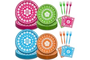 Kepeel 200Pcs Fiesta Party Plates, Mexican Cinco De Mayo Party Decorations Supplies Mexican Papel Picado Disposable Paper Plates Napkins for Taco Carnival Birthday Baby Shower Tableware, Serves 50