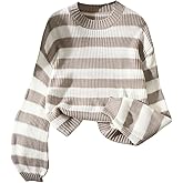 GORGLITTER Women's Color Block Striped Sweater Crew Neck Long Sleeve Knitted Pullover Sweaters Tops