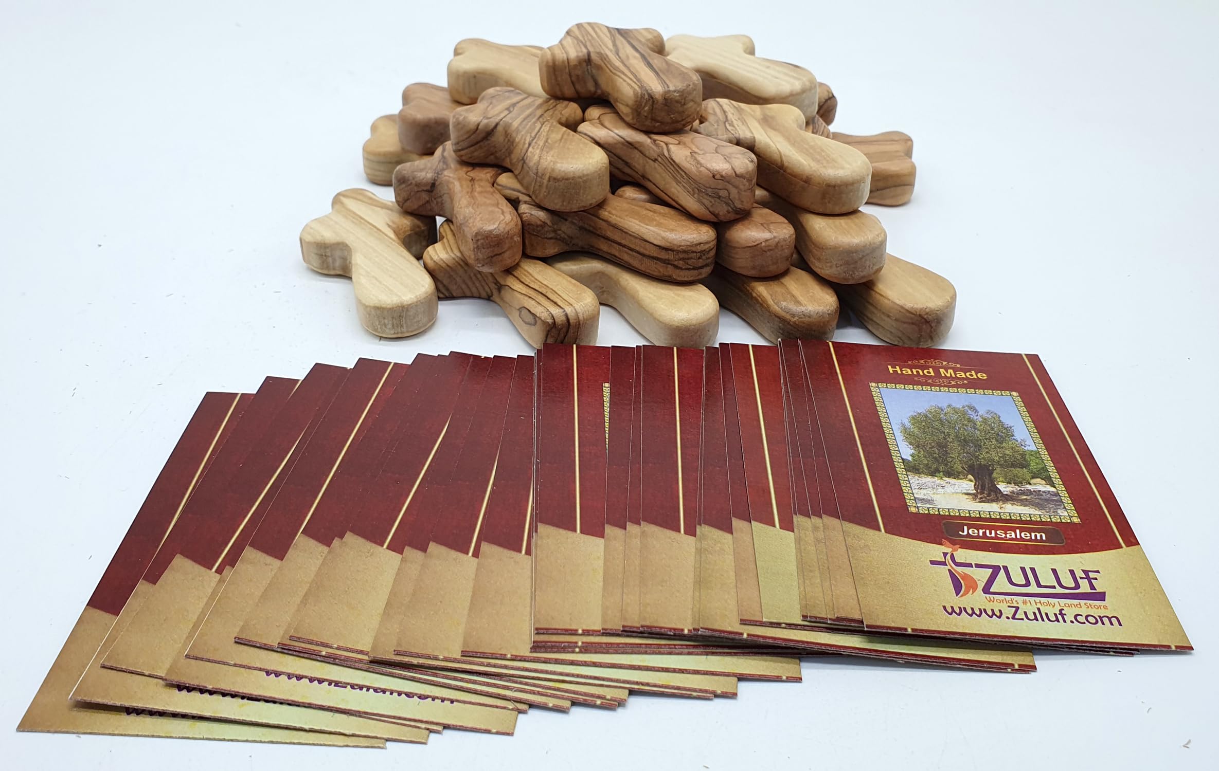 Zuluf 25 Small Olive Wood Comfort Crosses from Bethlehem Israel | Religious Pocket Holding Crosses Gift for Kids and Adults | 6cm / 2.5 Inch Each Cross