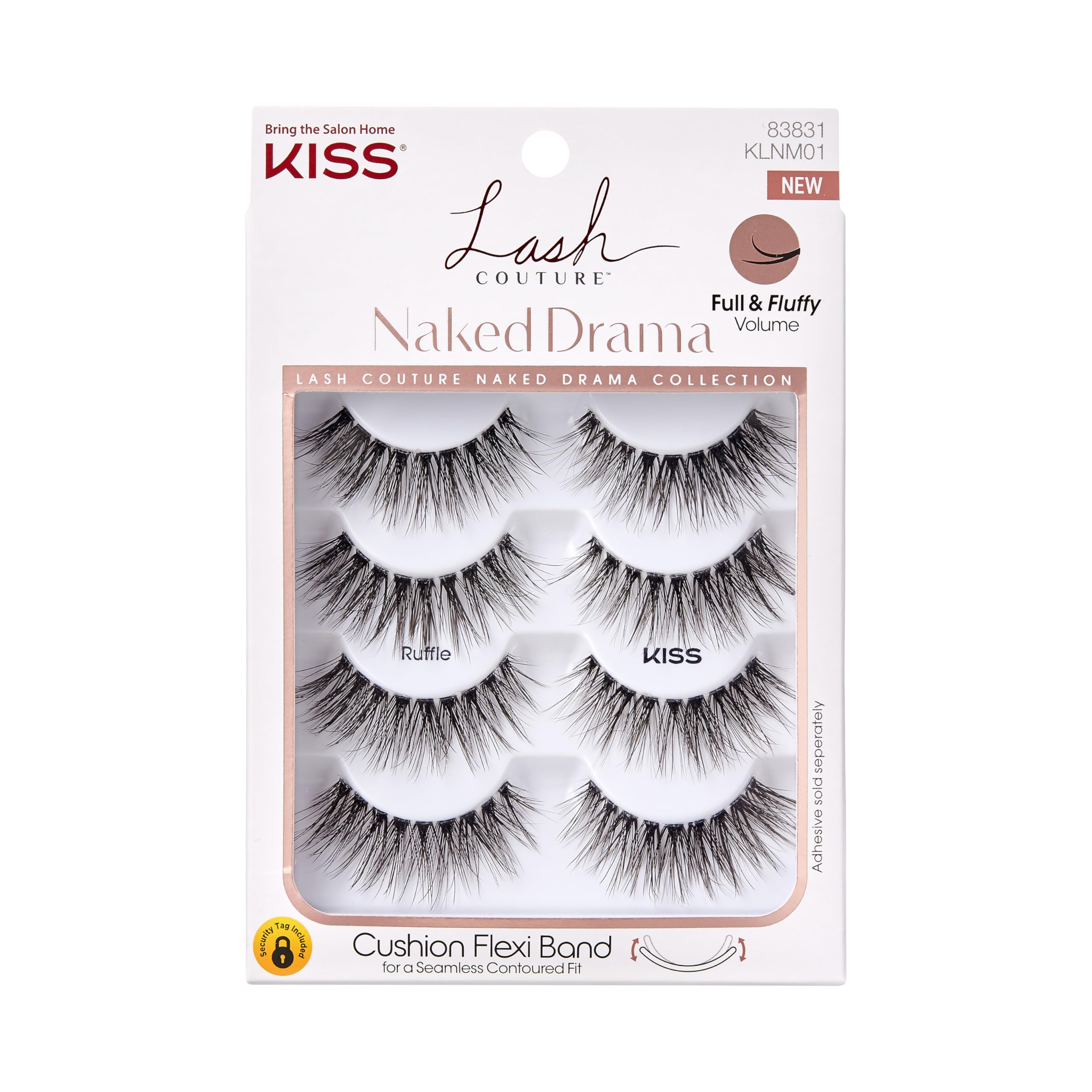 KISS Lash Couture Naked Drama Collection Multipack, Full & Fluffy Volume 3D Faux Mink False Eyelashes, Cushion Flexi Band & Split-Tip Technology, Reusable, Contact Lens Friendly, Style Ruffle, 4 Pairs