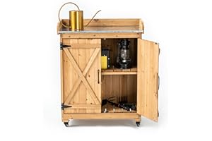 TAKUKA Outdoor Wooden Potting Bench with Wheel Double Doors & Metal Tabletop, Outside Storage Cabinet & Horticultural Planting Work Table for Garden Balcony Backyard