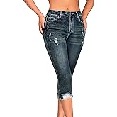 roswear Women's Capri Pants Mid Rise Skinny Ripped Stretchy Cropped Distressed Jeans
