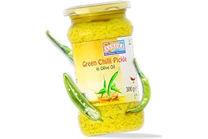 Ashoka 1932 | Green Chilis Pickle in Olive Oil | All Natural | Authentic Indian Achaar | Vegan | Kosher Certified | Indian Condiment | Gourmet Pickle | Great with Rice | Snacks | 300 Grams (Pack of 1)