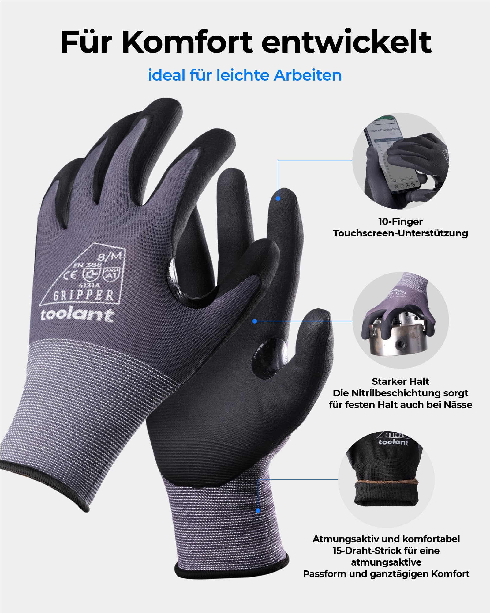 toolant Nitril-Arbeitshandschuhe mit MicroFoam-Beschichtung, atmungsaktives Nylon, rutschfester Griff, touchscreenfähig, ideal für Garten, Lager & Automobil, Schwarz (L, 6 Paar) 6
