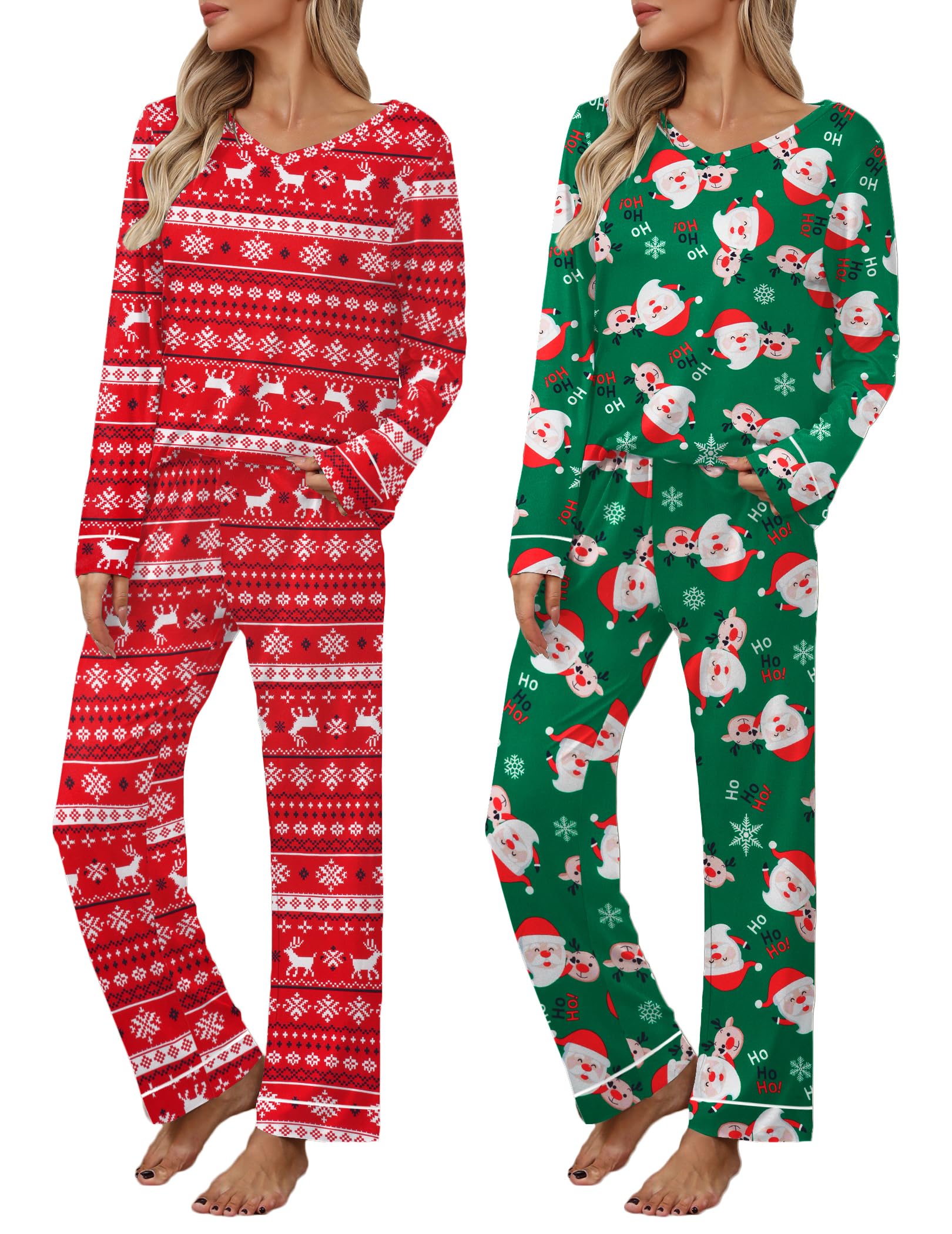 Ekouaer Womens 2 Pack Pajama Set Long Sleeve Pajamas Top and Pants V Neck Pjs Set Soft Loungewear with Pockets Image