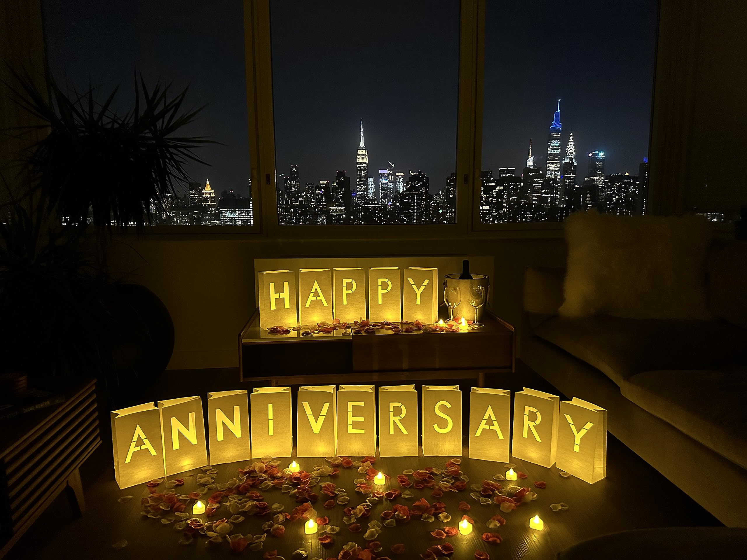 Photo 1 of Happy Anniversary Decorations Light Up Letters with LED lights and Rose Petals Included| Luminaria Sign As Romantic Decorations For Wedding Anniversary