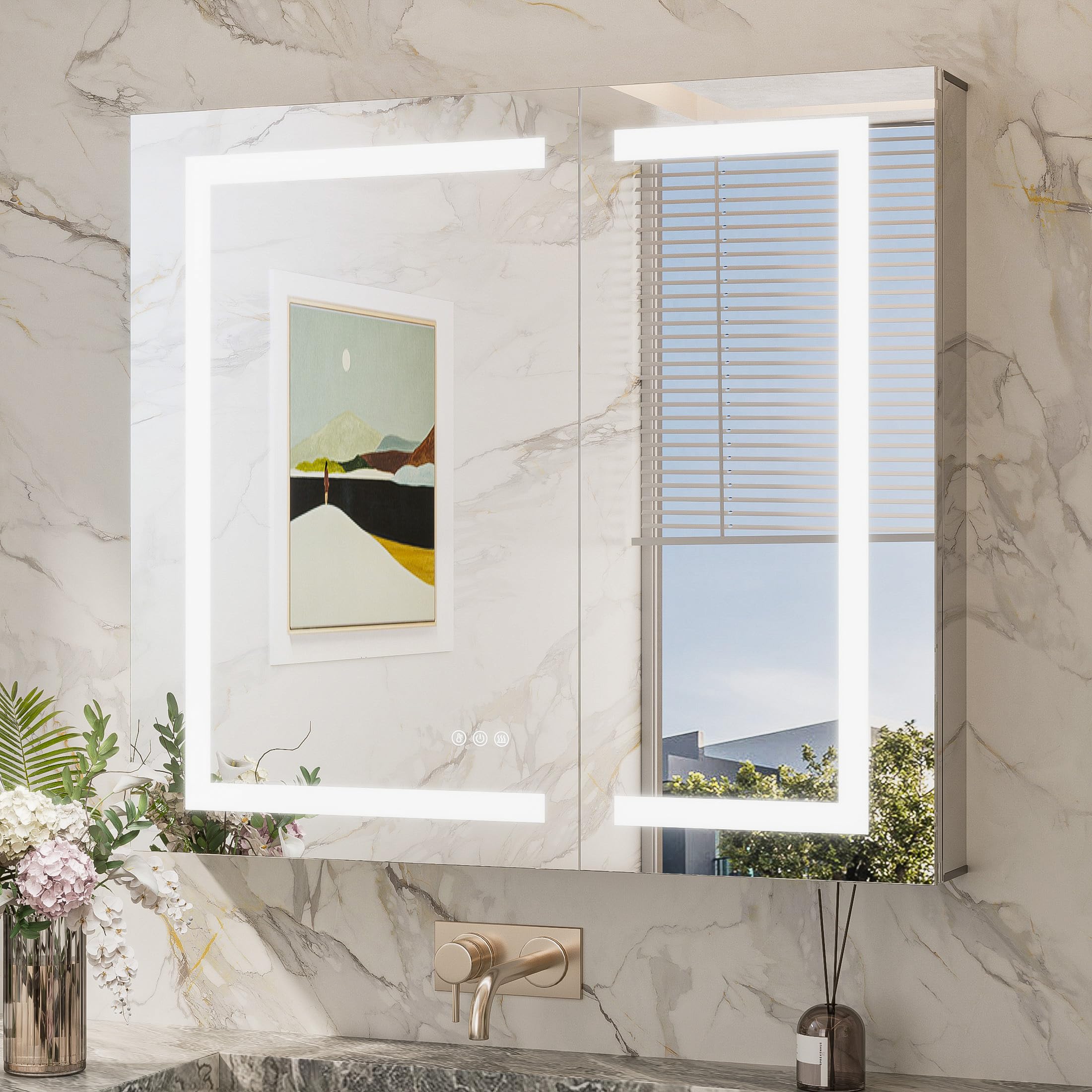 Photo 1 of TokeShimi 36x32 Led Medicine Cabinet Recessed, Anti-Fog Mirrored Medicine Cabinet with Lights and Outlet, Frontlit 3 Colors Dimmable Mirror with Storage for Bathroom Modern