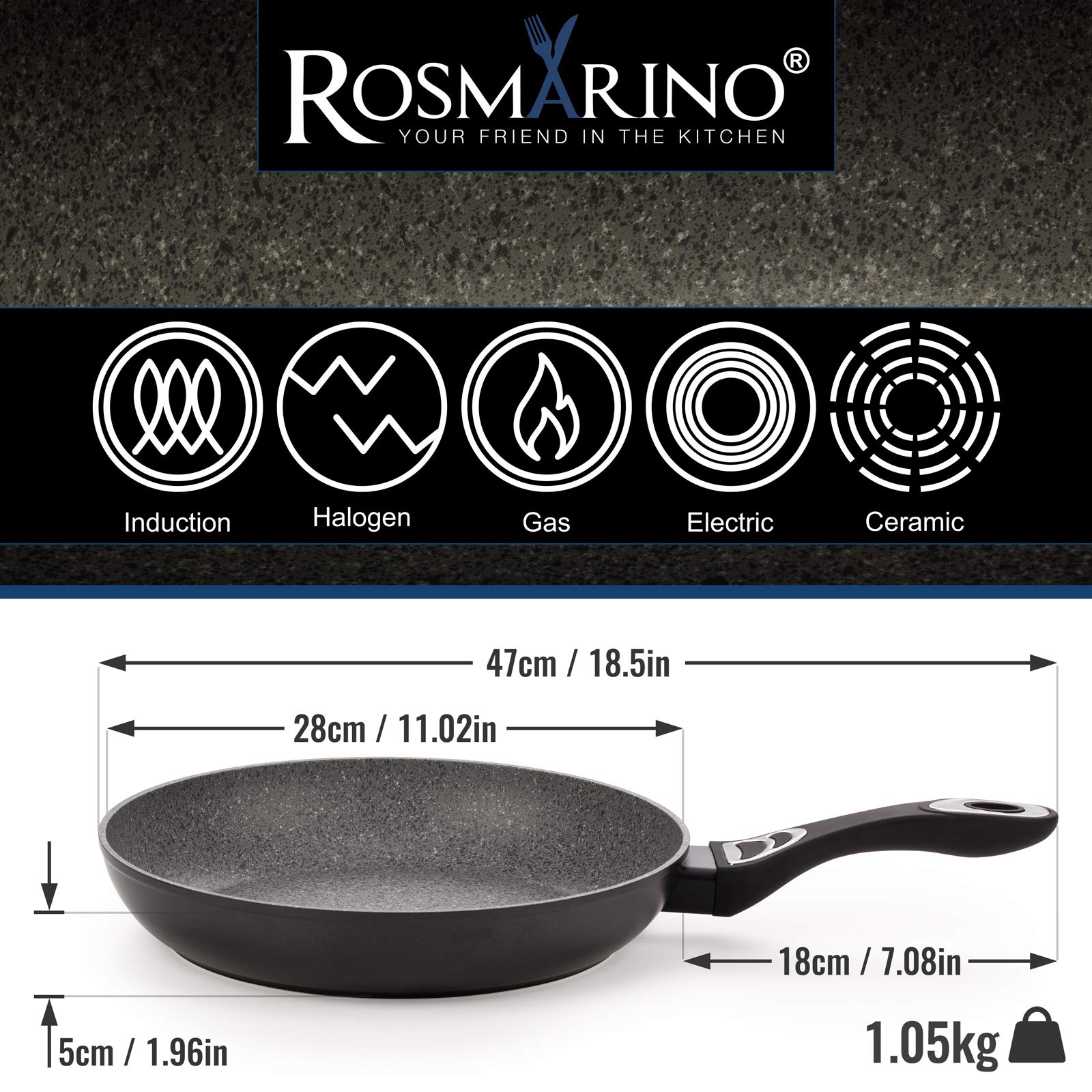 Rosmarino™ antihaftbeschichtete Induktionssteinbratpfanne 28 cm (11”), 100 % PFOA-frei für ein gesünderes Kochen, abplatz- und kratzfest durch die Premiumbeschichtung, stromsparend durch exzellente Leitfähigkeit