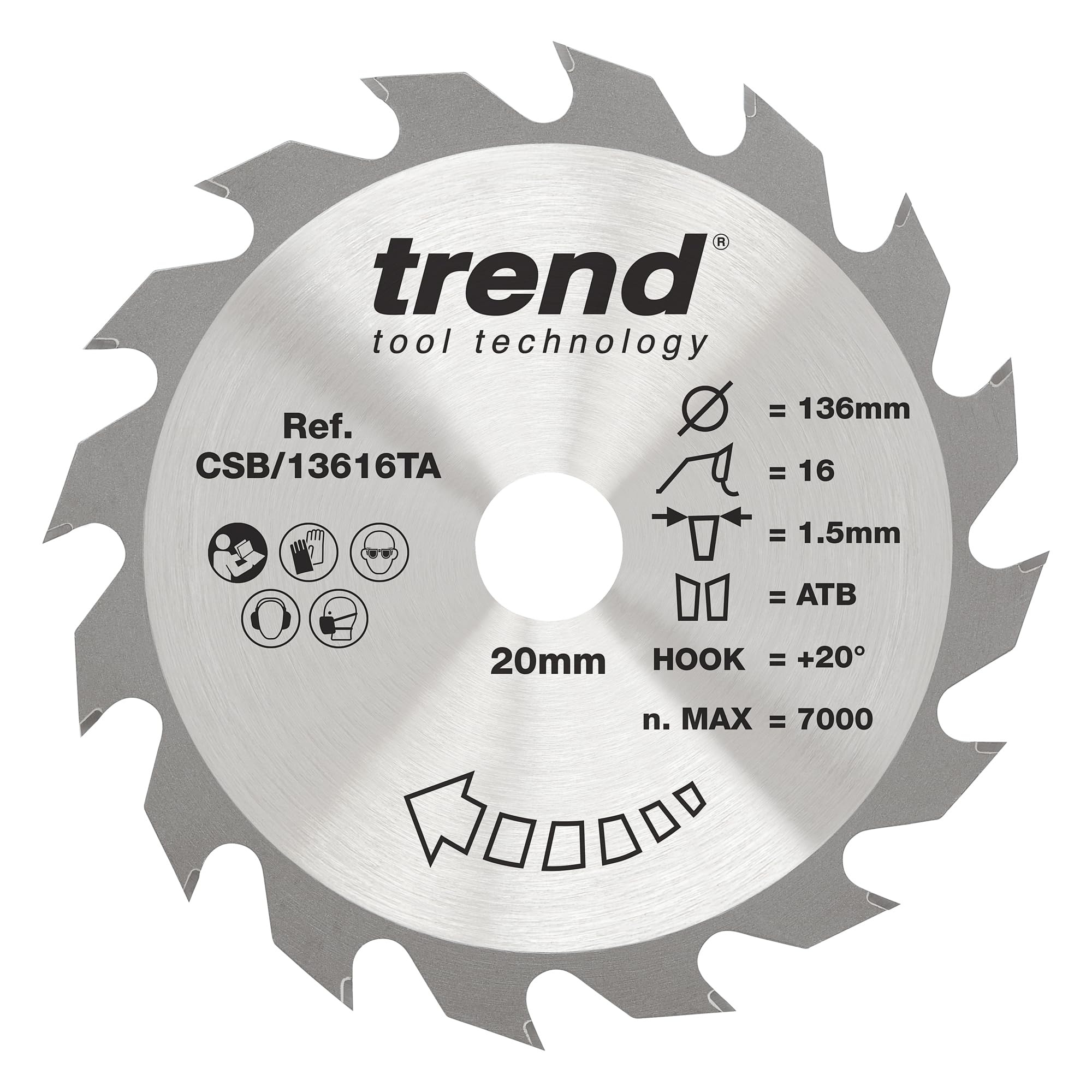 Trend Wood Cordless Circular Saw Blade, 136mm Diameter, 20mm Bore, 16 Teeth, 1.5mm Kerf, +20° Hook, TCT, Coarse Finish, CSB/13616TA