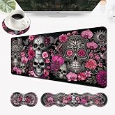EFGWSDER Desk Mat, Mouse Pad with Wrist Rest, 4-in-1 Large Mouse Pads for Desk, Ergonomic Mouse Pad and Keyboard Wrist Rest Gaming Keyboard Mat for Office,Sugar Skulls with Flowers