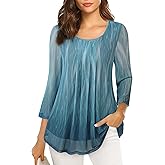 VALOLIA Women's 3/4 Sleeve Tunic Tops Casual Loose Fit Floral Blouses Mesh Pleated Layered Shirt