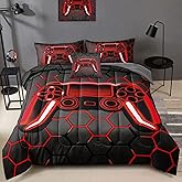 BDUCOK 6 Piece Gamer Comforter Sets Bed in A Bag for Boys Teen Kids,Honeycomb Gaming Bedding Sets Gamepad Comforter Microfiber Bed Set for All Season Gamer Home Decor(red, 6 Piece Sets30023-Queen)