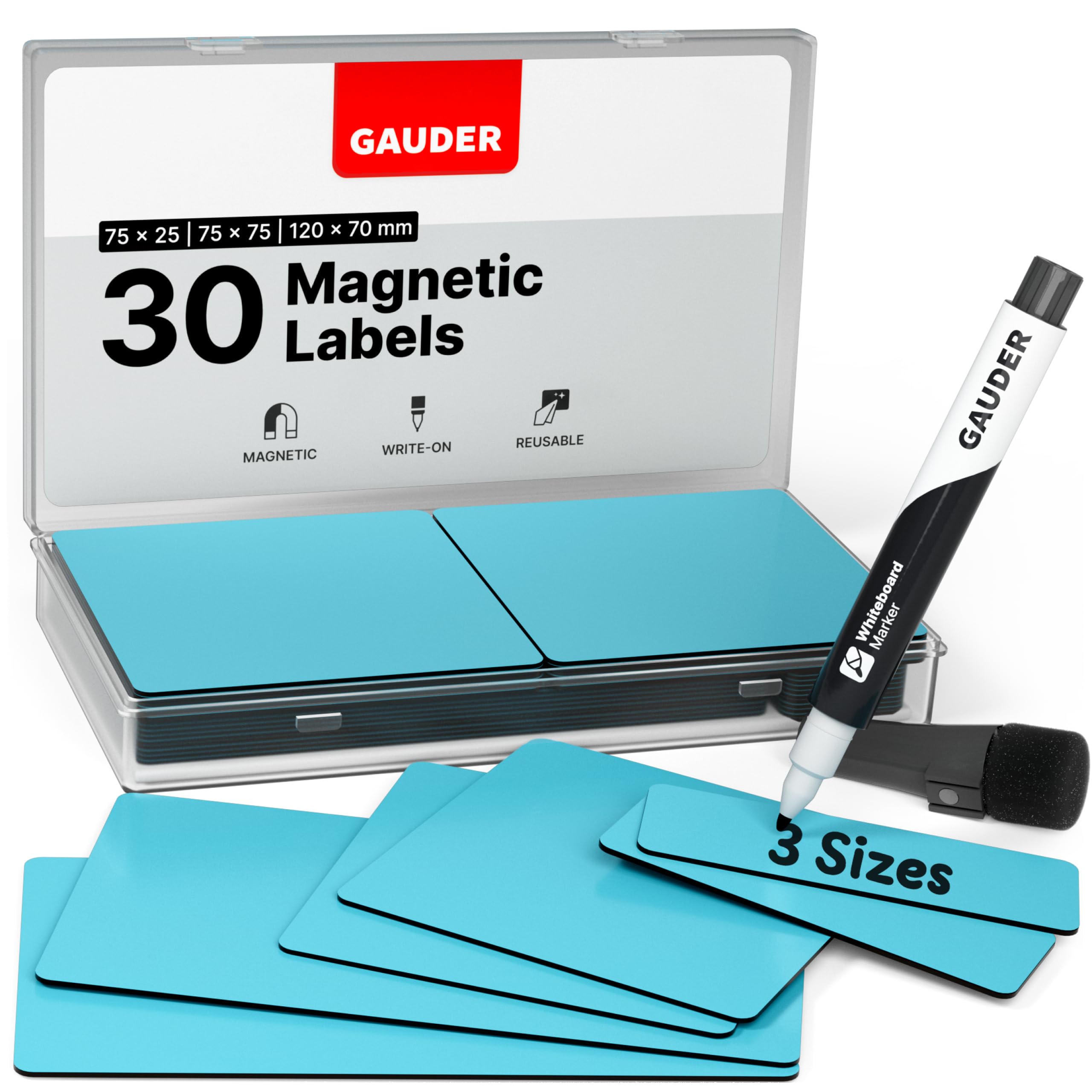 GAUDER Magnetic Labels Writable - Reusable Magnetic Tags for Whiteboard, Blackboard, Kanban Board and Fridge - Magnet Cards with Marker (30 Pieces - 3 Sizes)