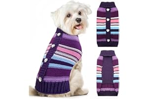 XGDMEIL Small Dog Sweater Turtleneck Cute Pet Dog Clothes for Small Medium Dogs Cats Purple Striped Pet Outfits with Heart Button Warm Fall Winter Puppy Knitwear Pullover (XS)