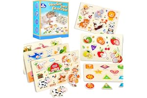 SIERLIKY Wooden Peg Puzzles for Toddlers,Montessori Toddler Puzzles for Child,Fine Motor Skill Learning Puzzles Toys for Baby Boys Girls Gifts-6 Pcs Shape,Farm,Sea Animal,Dinosaurs,Fruits,Animals