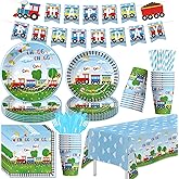 Suhelki Train Birthday Party Supplies, Chugga Choo Train Birthday Decorations, Paper Plates and Napkins Set for Kid's 1st 2nd 3rd, Cup, Cutlery, Straw, Banner, Tablecloth, 24 Guests