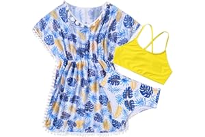 Goodstoworld 7-12Y Girls 3 Piece Cover Up Swimsuit Hawaiian Bikini Bathing Suit with Pompom Tassel
