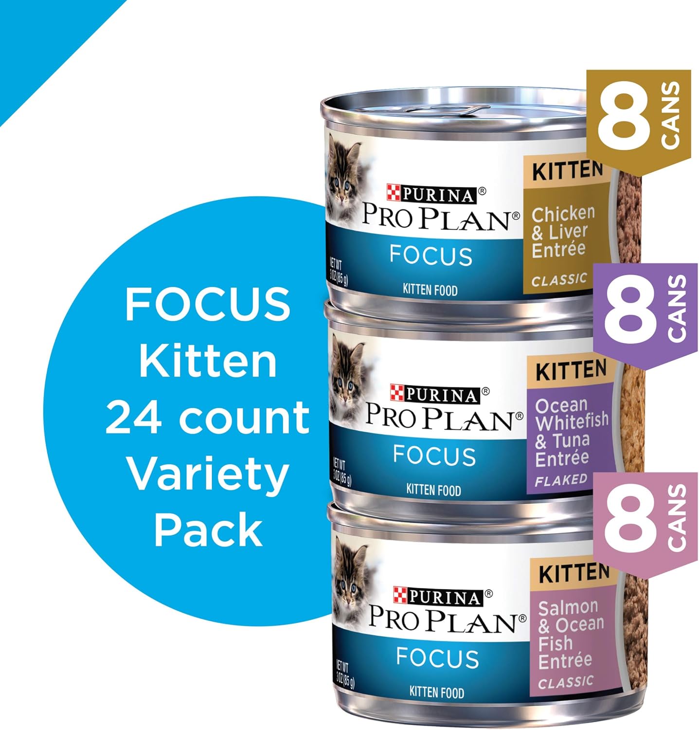 Purina Pro Plan Wet Kitten Food Variety Pack, FOCUS Kitten Favorites - (24) 3 oz. Cans : Pet Supplies