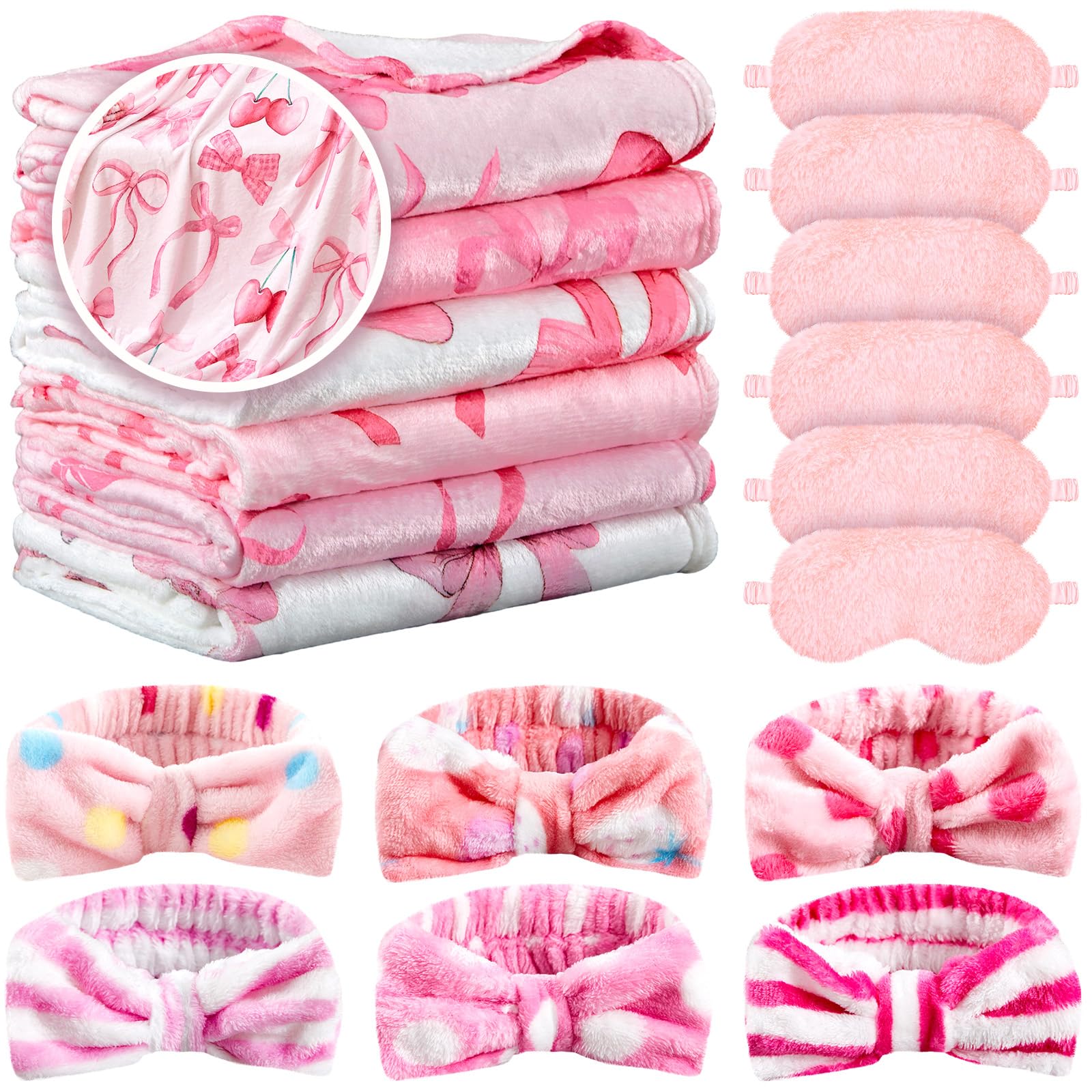 Photo 1 of Fanfanwin 18 Pcs Sleepover Party Supplies for Girls Pink Bow Blanket Coral Fleece Spa Headband Mask Toy for Slumber Party Costume(Cute)