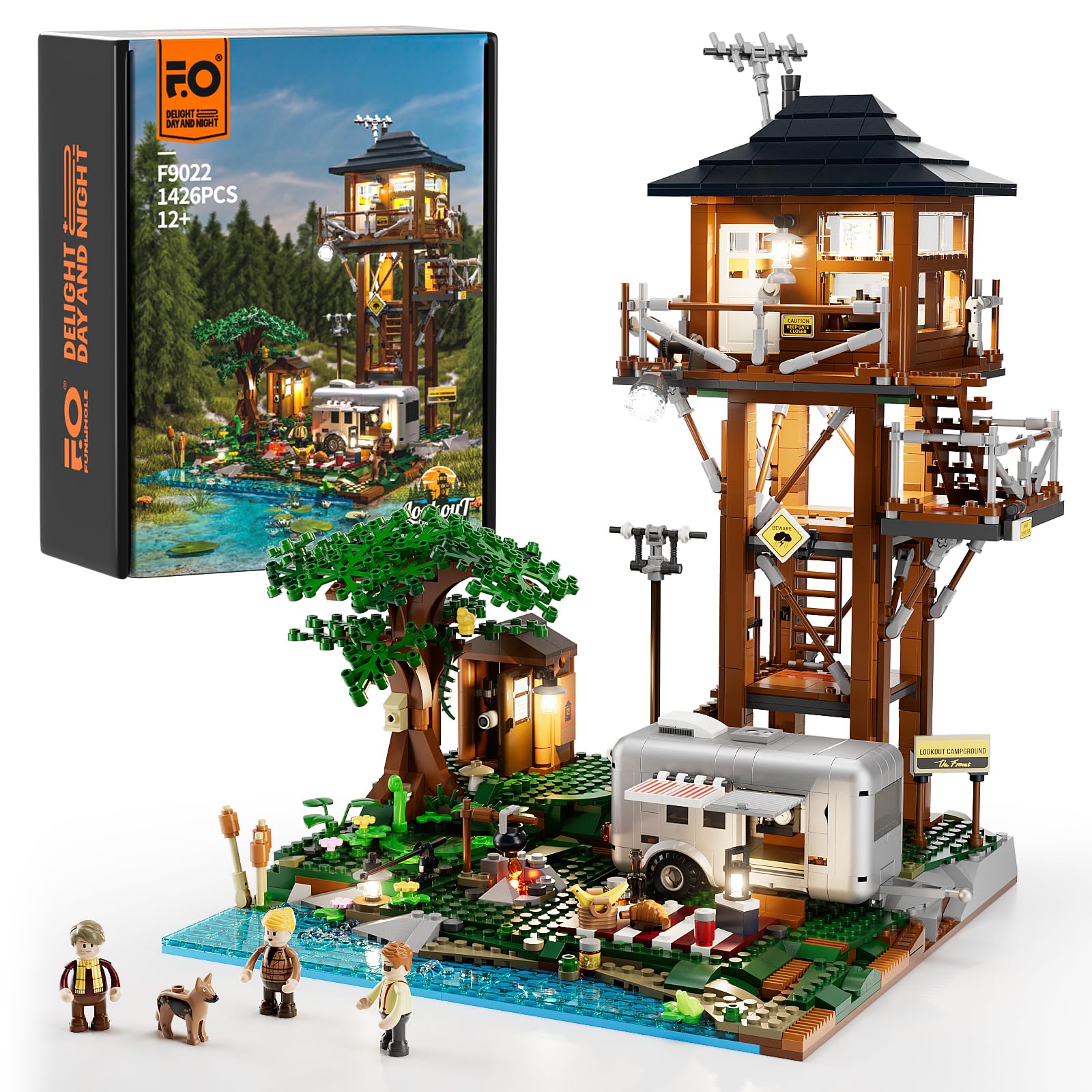 Photo 1 of FUNWHOLE Lookout Campground Lighting Building-Bricks Set - Retro Wild Lookout Tower Camping Car and Family Minifigures LED Light Building Set 1426 Pcs for Adults and Teen