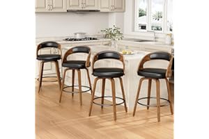 REONEY Swivel Bar Stools Set of 4, 26" Counter Height Bentwood Barstool, Mid-Century Modern PU Leather Upholstered Bar Chair with Back and Footrest, for Kitchen Island, Bar, Cafe, Dining Room, Black