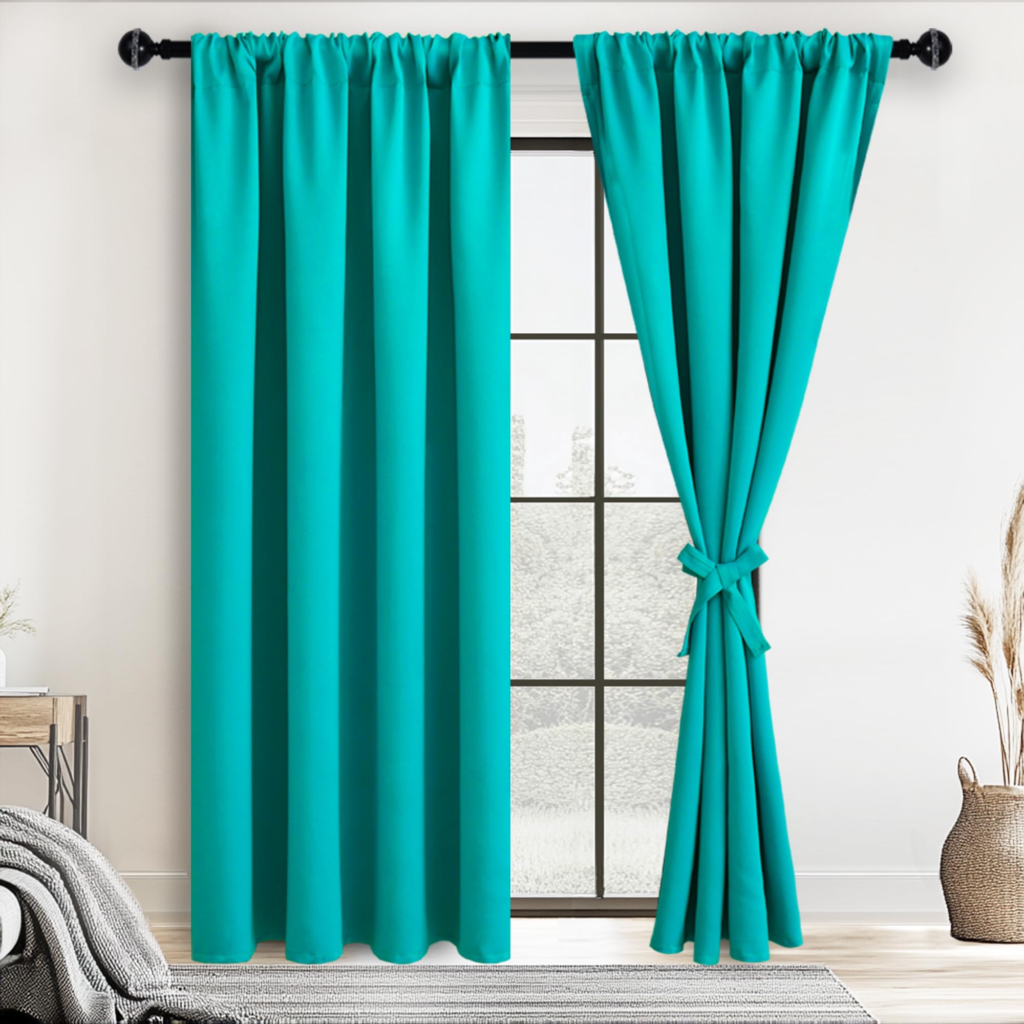 JIUZHEN Blackout Curtains for Bedroom– Thermal Insulated,Noise Reducing Room Darkening Privacy Drapes for Living Room, Set of 2 Panels with Tiebacks, 42 x 84 inch Long, Peacock Blue Image