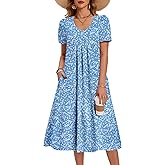 Zeagoo Summer Dress for Women Casual Floral Midi Sundress with Pockets V Neck Pleated Short Sleeve Aline Beach Vacation Dress