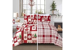 Smuge Christmas Bedspread Quilt Sets Queen Size - Reversible Christmas Tree Snowflake Red Plaid New Year Winter Holiday Coverlet Bed Set Xmas Bedding Sets Bedroom Decor