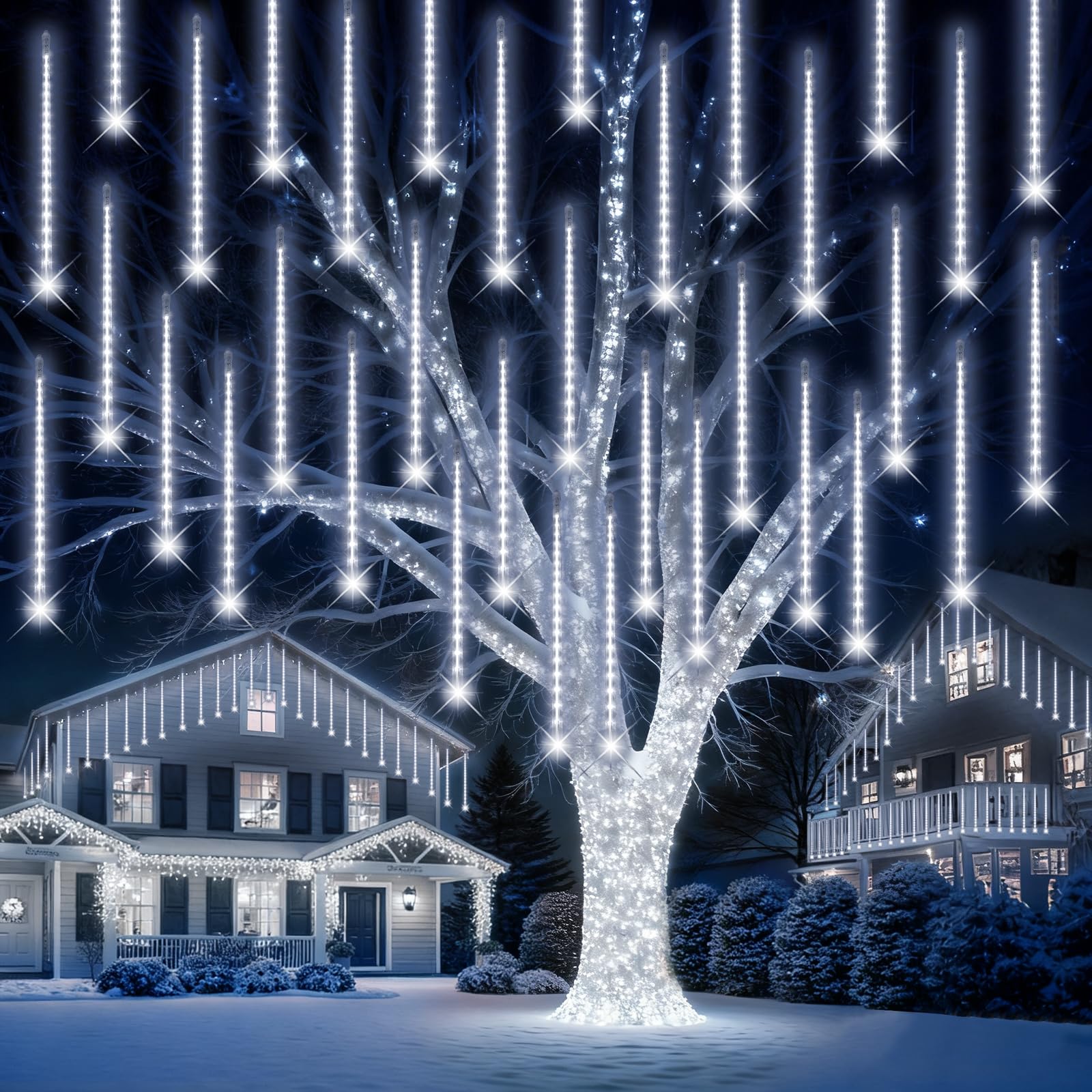 Photo 1 of PEMOTech Christmas Lights Outdoor,24 Tubes(Equivalent to 3 Sets of 8-Tubes) 576 Led Meteor Shower Lights, Waterproof Icicle Light for Xmas Tree Halloween Party, Ul Plug,Cool White
