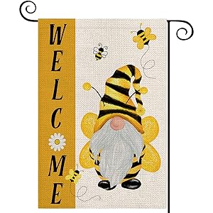 LARMOY Summer Welcome Gnome Bees Garden Flags for Outdoor,12×18 Vertical Double Sided,Gnome with Bees Small Summer Yard Flags for All Seasons,Seasonal Decorative Rustic Farmhouse Outside Porch Decor