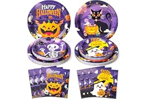KINOVO Halloween Plates and Napkins Tableware Set - Serve 30, Happy Halloween Party Supplies, Pumpkin, Black Cat, Skeleton, and Cute Ghost Design, Purple and Black Vibe