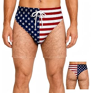 Customized Funny US Flag Fake Briefs 3D Beach Shorts, Realistic Hairy Legs | Graphic Swim Trunks with Mesh Lining, Novelty 4t