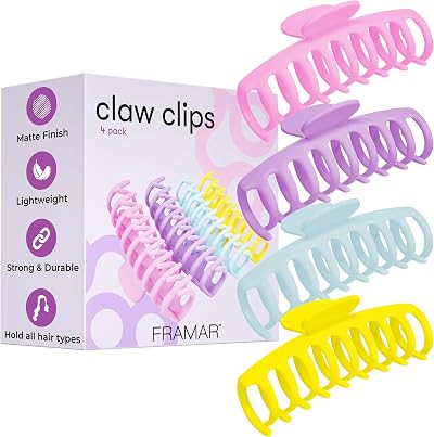 FRAMAR Large Hair Claw Clip – Extra Large, Matte Finish, 4 Color Pack