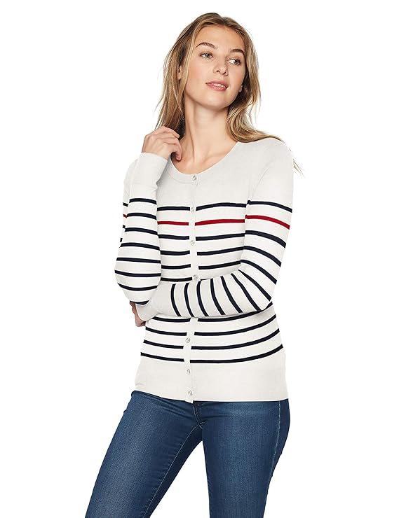 Amazon Essentials - Cardigan léger à col ras-du-cou pour femme, Blanc (White Stripe Wst), US L (EU L - XL)