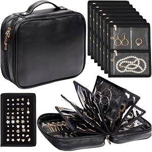 Placekeeper co. Travel Jewelry Organizer Case - Faux Leather Jewelry Organizer Bag with Binder Book Design - 7 Transparent Zi