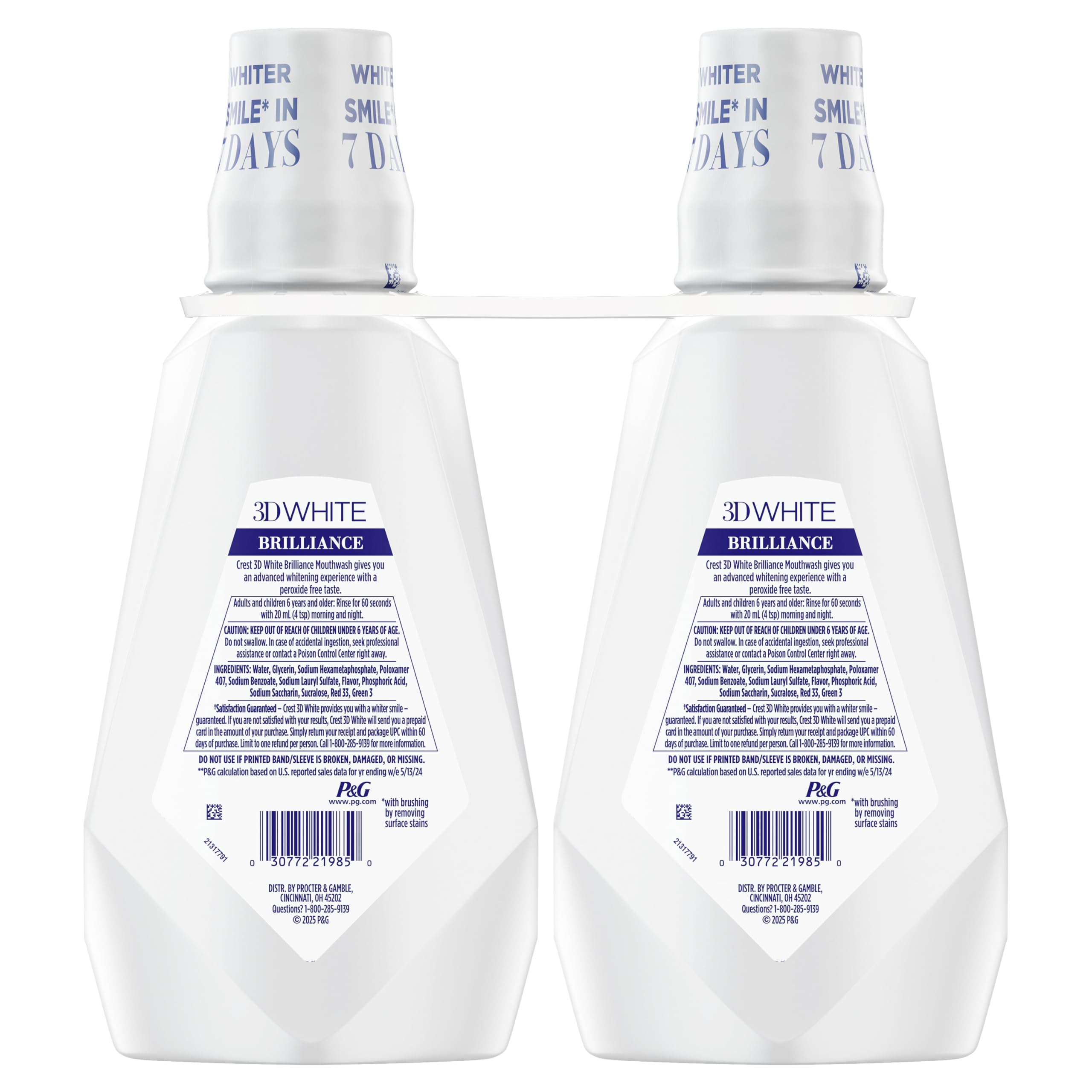 Crest Mouthwash/Mouth Rinse, 3D White Brilliance Whitening, Alcohol Free, Clean Mint, 2x1L (33.8 fl oz)