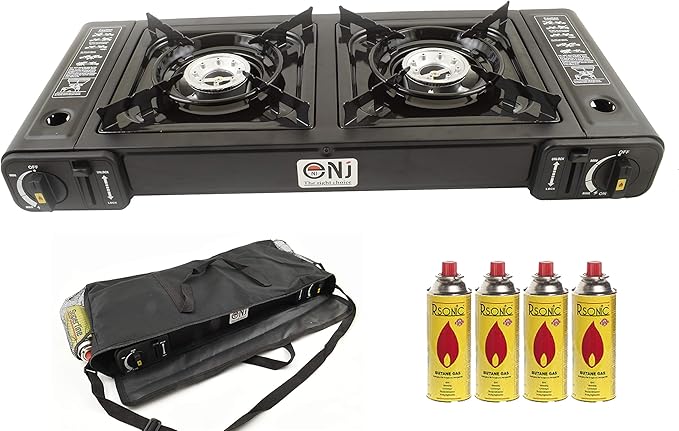 Scheffler Réchaud à Gaz Flaming Portable |2 Feux Blanc| Camping Plaque de Cuisson Gaz Cuisiniere Gaz Corps En Acier GPL Butane Propane Compatible avec Tuyau de gaz et Régulateur de Pression