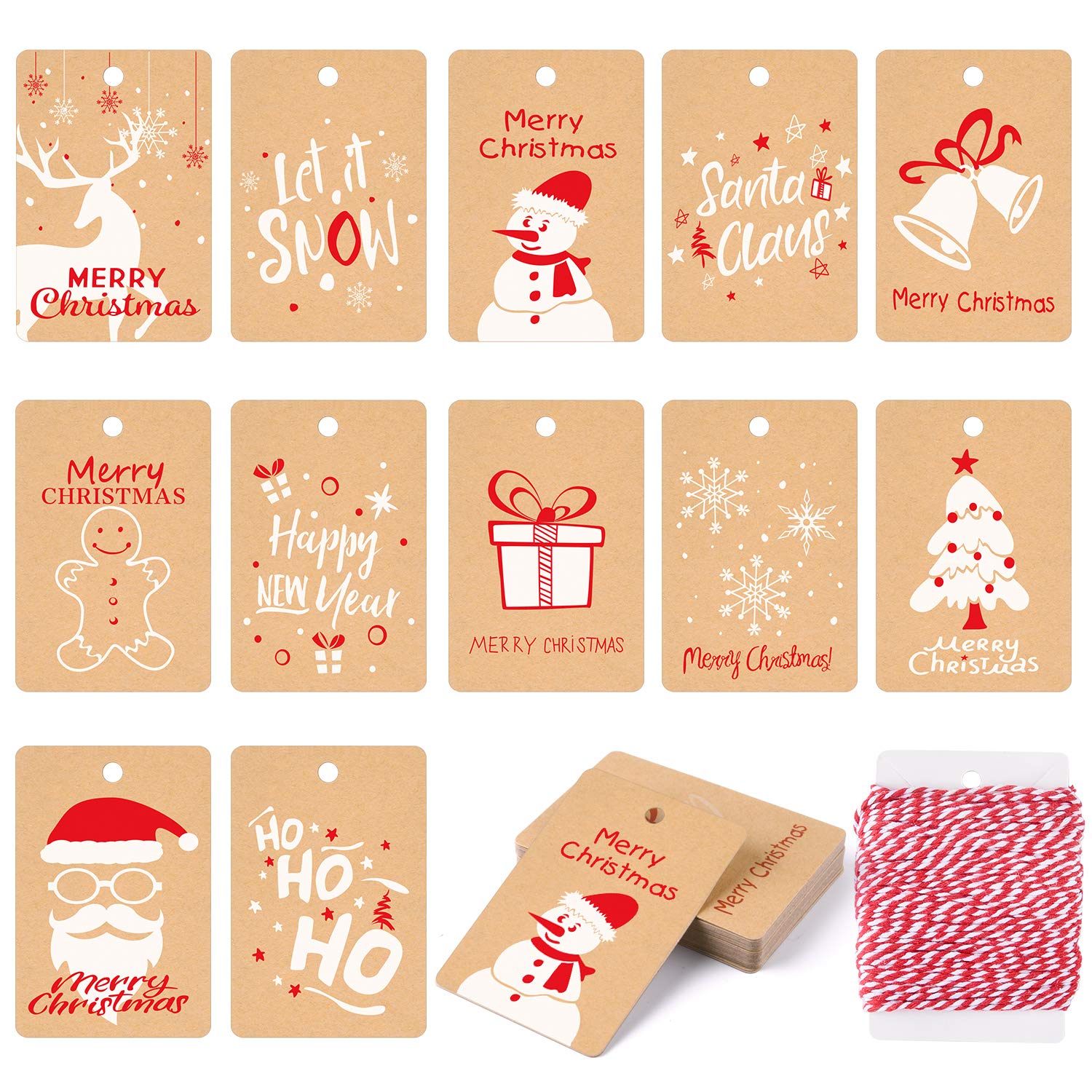 KUUQA 120Pcs Christmas Gift Tags Festival Kraft Paper Card for Christmas Gift Wrapping Label with Hanging Rope, 12 Different Styles