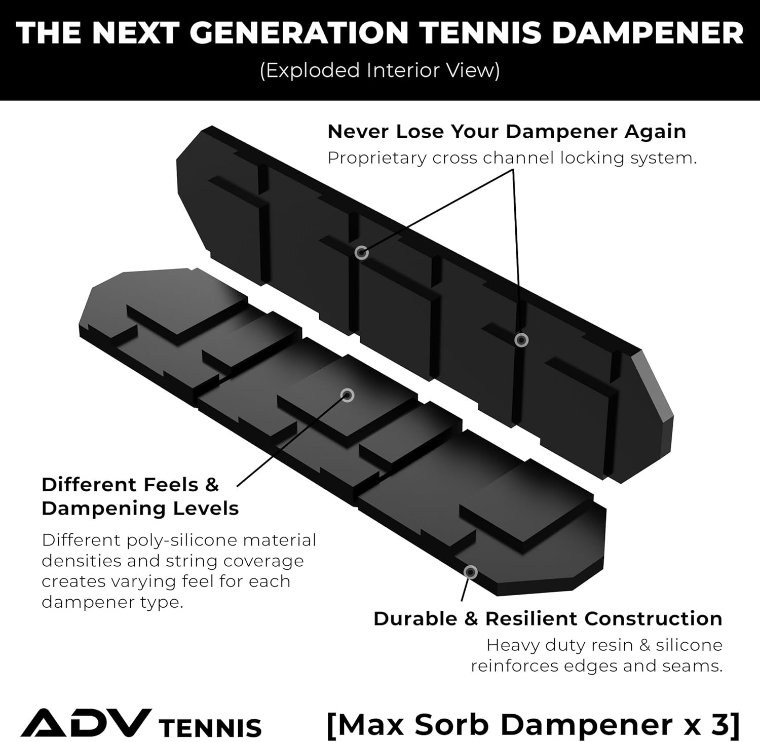 ADV Tennis Vibration Dampener - Set of 3 - Ultimate Shock Absorbers for Racket and Strings - Premium Quality, Durable, and 100% Reliable - Newest Technology (Midnight | Max Sorb 3-Pack) : Sports & Outdoors