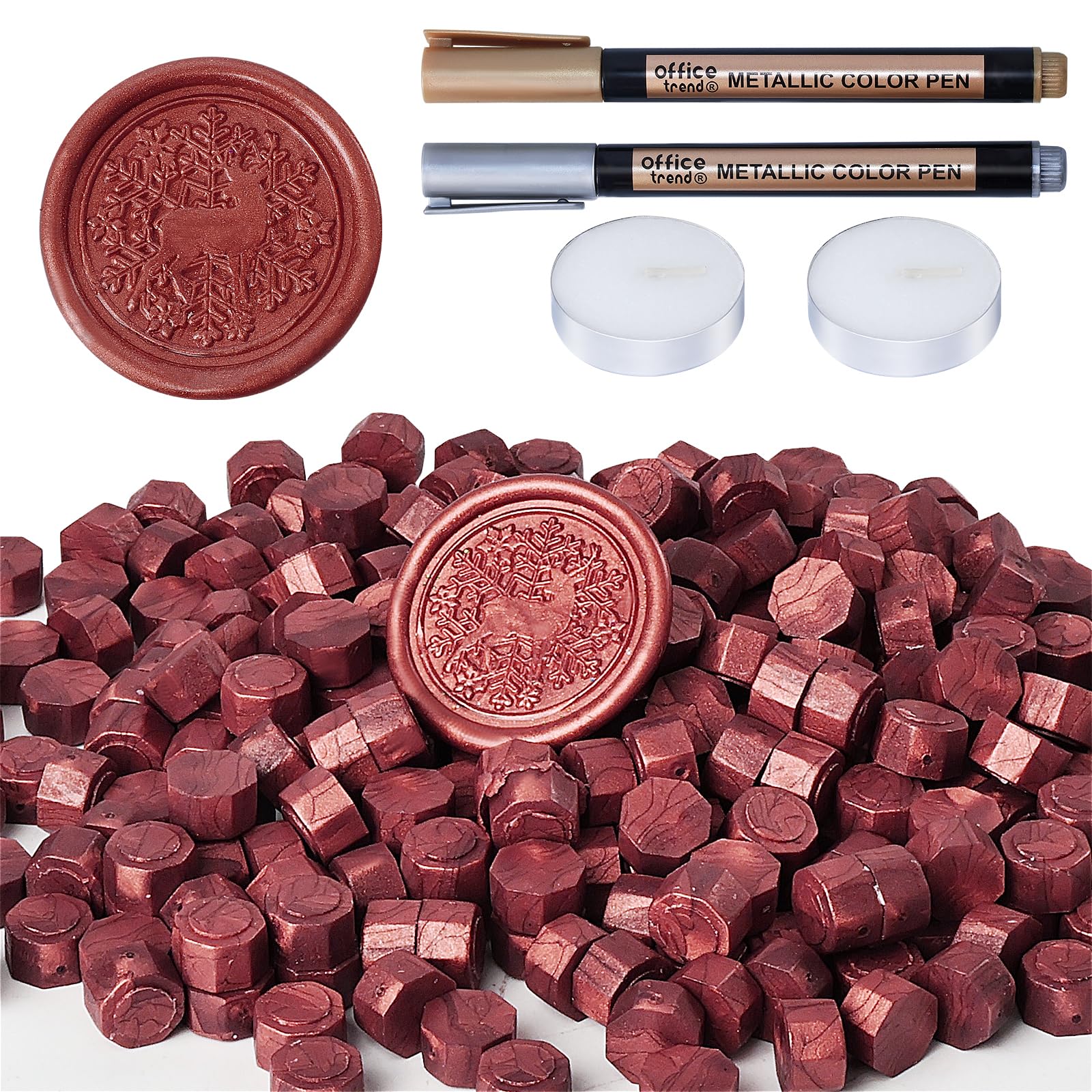 WEWINK PLUS 304PCS Wax Seal Beads Set, 300PCS Wine Red Sealing Wax Beads with 2Pcs Tea Candles and 2Pcs Metallic Pen for Invitations, Envelope, Crafts, Stamp Seals, Decoration, Letter, Gift