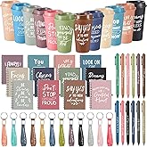 Skylety 12 Sets/48 Pcs Valentines Appreciation Gifts 16oz Inspirational Plastic Cups Spiral Notebooks Ballpoint Pens Keychains Bulk Thank You Valentines Gifts for Employees Coworker (Morandi Color)