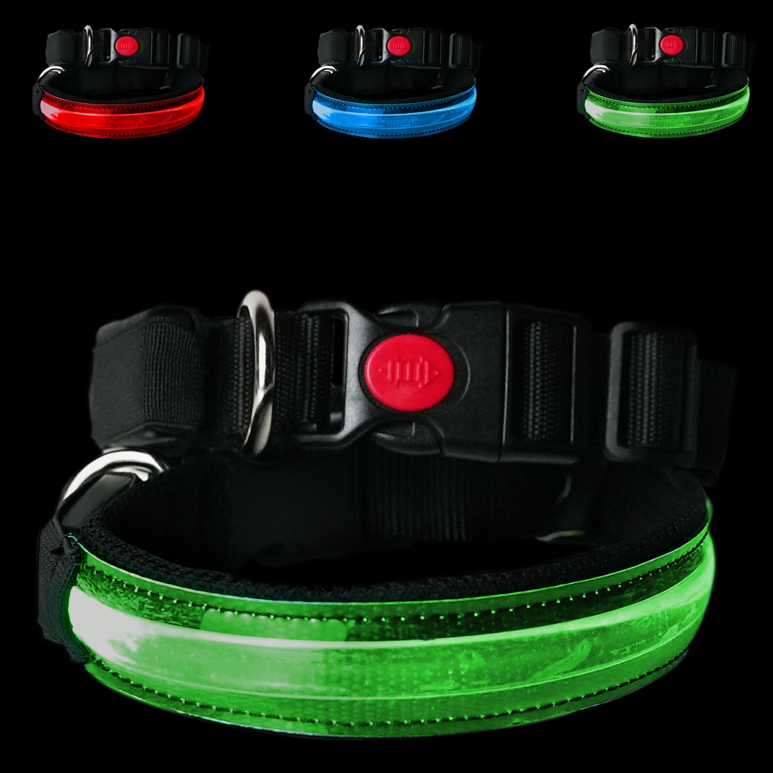 PETTY Adjustable LED Light-Up Dog Collar – USB Rechargeable Breathable Collar, Adjustable Closure, and Anti-Strangling Safety Button – For Small, Medium, and Large Dogs (S Green)