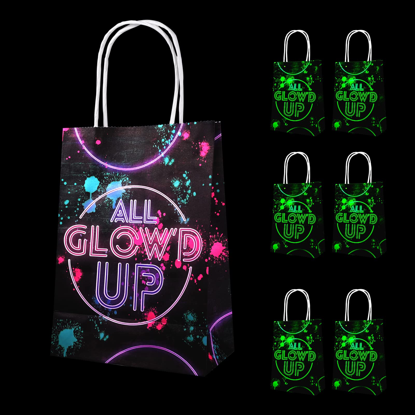 Glow Neon Party Gift Bags - 8pcs, 12 x 15 cm, Paper Treat Bags with Handles, Dark Themed Party Supplies for Birthday Decorations