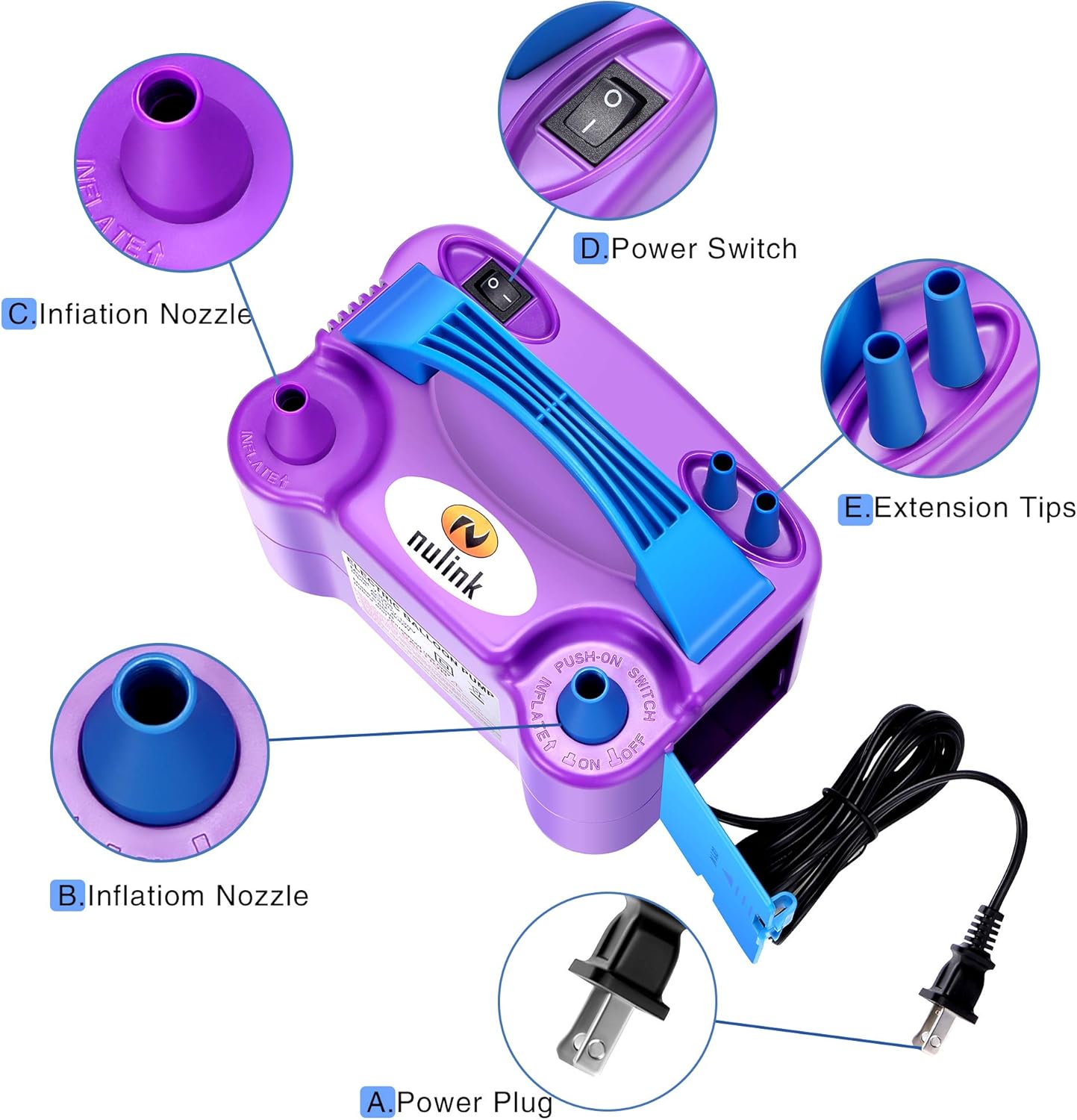 NuLink Electric Portable Dual Nozzle Balloon Blower Pump Inflation for Decoration, Party, Sport [110V~120V, 600W, Purple]: Toys & Games